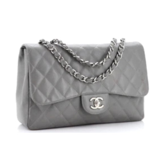 Chanel Vintage Classic Single Flap Bag Quilted Caviar Jumbo